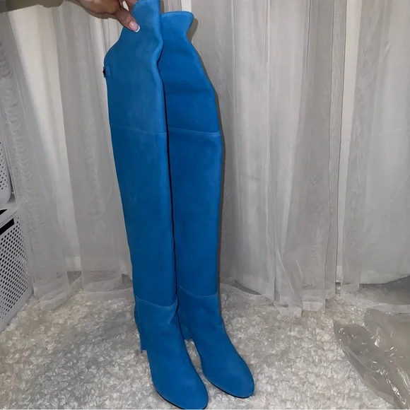 SCHUTZ Electric Blue Suede Over-the-Knee High Heel Boots - Picture 8 of 9